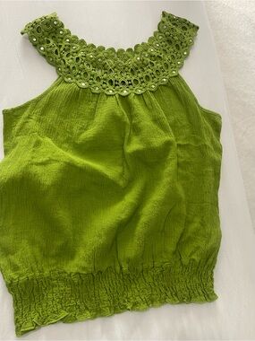 Unique Spectrum Lime Green Crochet Yoke Tank Top